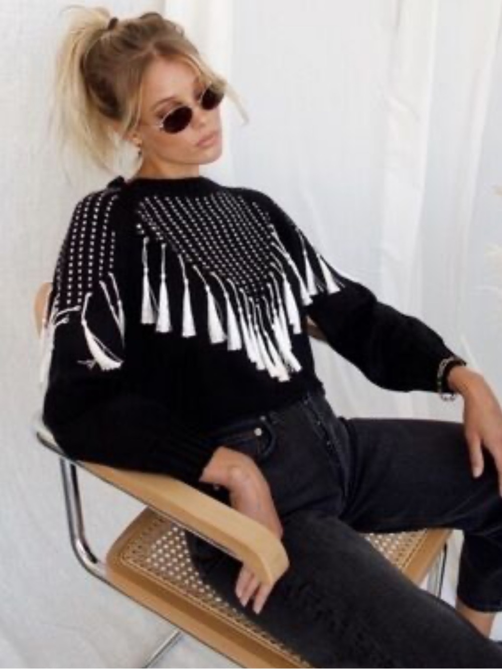 12th Tribe Black Sweater with White Fringe Detailing